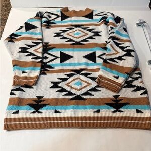 Women's Geometric Pattern Turtleneck Sweater - Brown, Black, White, Blue